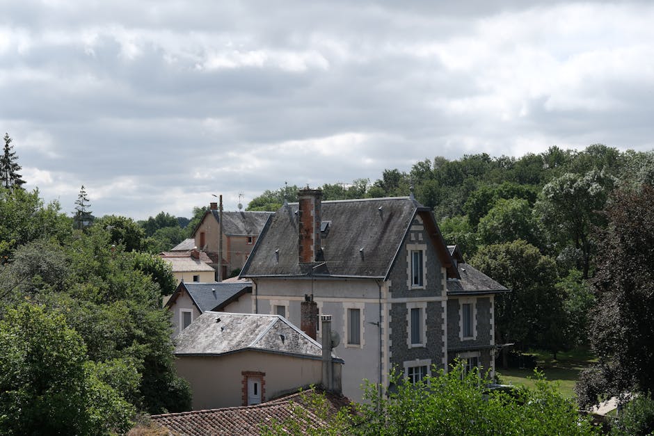 Aerial view of historic houses and lush greenery in a rural French village.